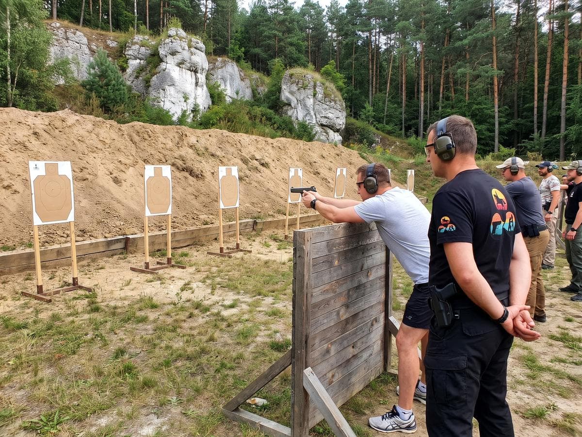 Uczestnik zajęć strzela z pistoletu zza drewnianej barykady do tarcz IDPA, a tuż obok stoi instruktor Horseback w czarnej koszulce z logo.