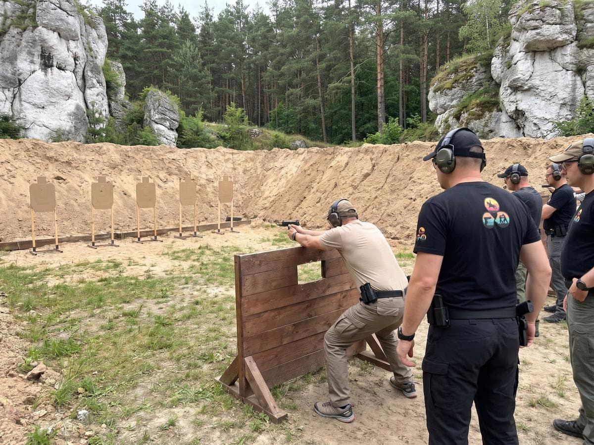 Uczestnik w przyklęku strzela z pistoletu przy drewnianej barykadzie z otworem strzeleckim, a za nim stoi instruktor Horseback.